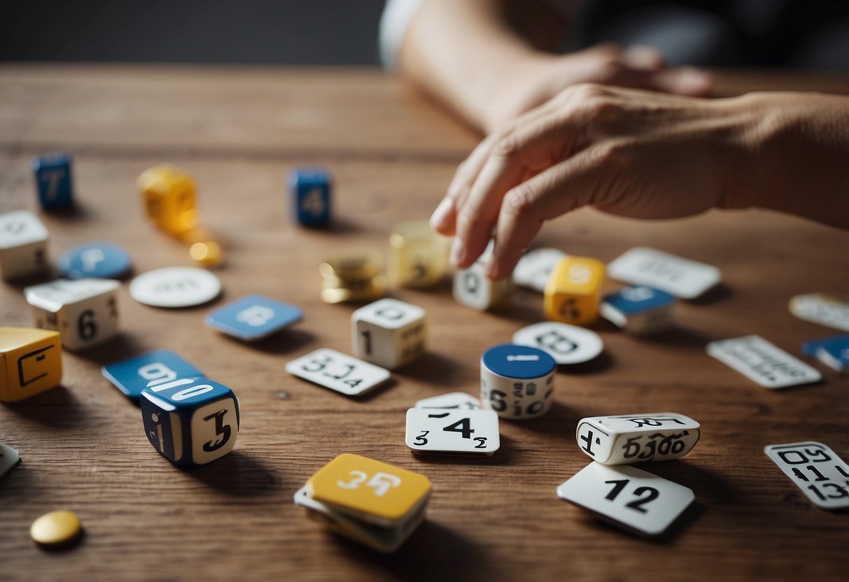 A table with scattered objects, each with a number label. A person's hand reaches for one object while another hand points to a different object