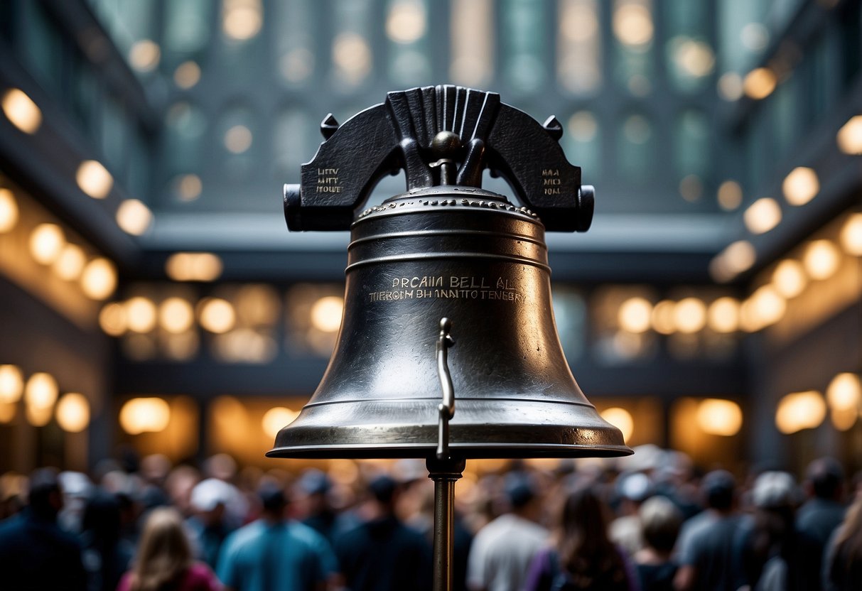 The Liberty Bell stands tall, surrounded by a bustling crowd, with the words "Proclaim Liberty Throughout All the Land Unto All the Inhabitants Thereof" etched on its surface