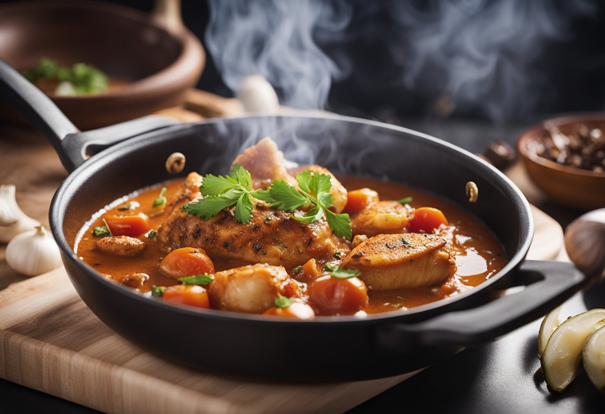 A pot sizzling with onions, tomatoes, and spices. A fillet of fish being gently added and simmered in the fragrant masala sauce