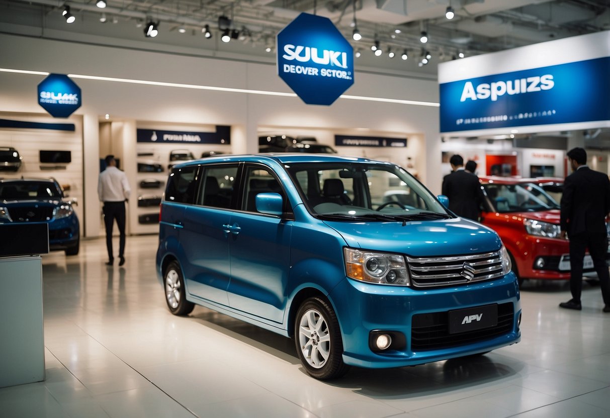 A Suzuki APV sits in a showroom, surrounded by promotional banners and price tags, with a salesperson talking to a potential customer