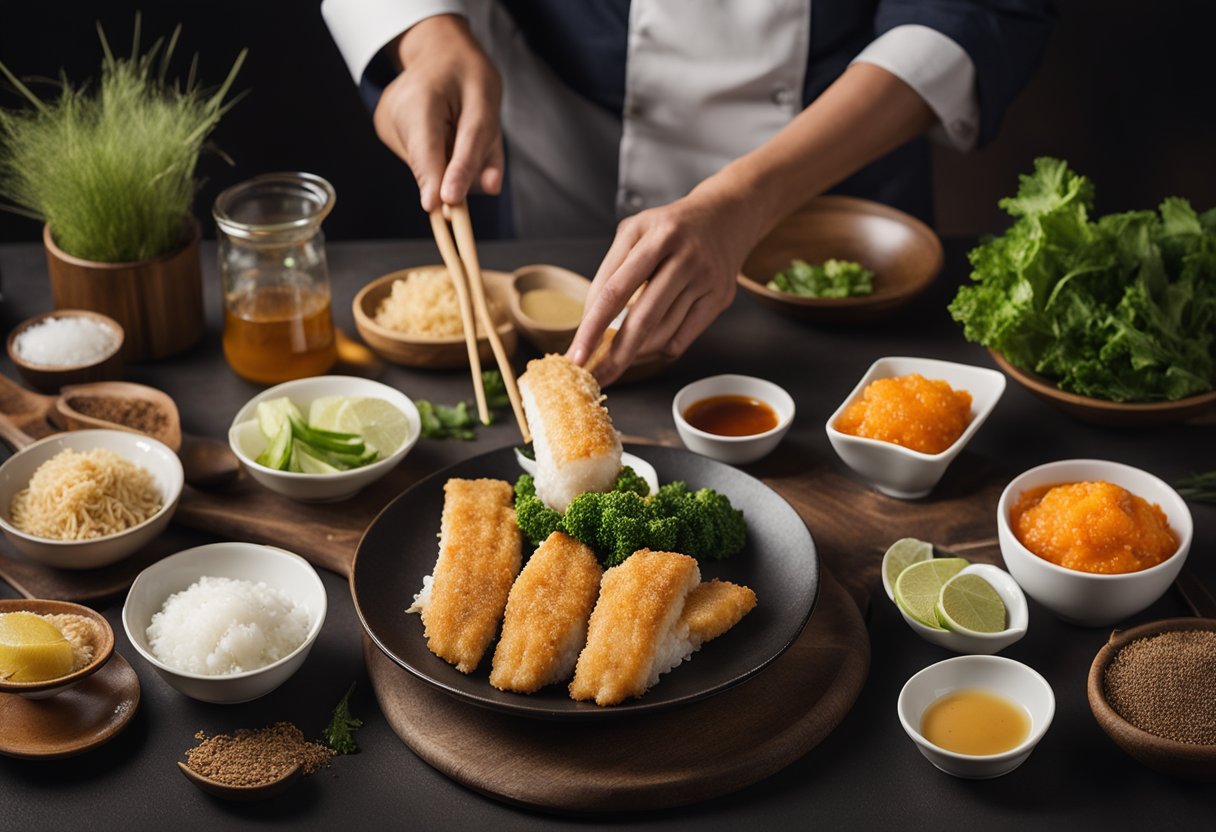 A chef prepares crispy fish katsu with a side of tangy dipping sauce, surrounded by fresh ingredients and cooking utensils
