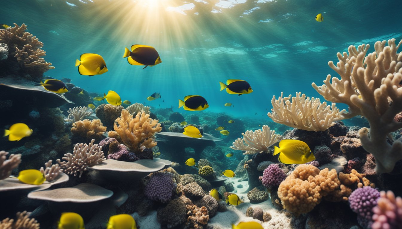 A vibrant coral reef teeming with colorful fish and marine life, surrounded by crystal-clear water with sunlight streaming through