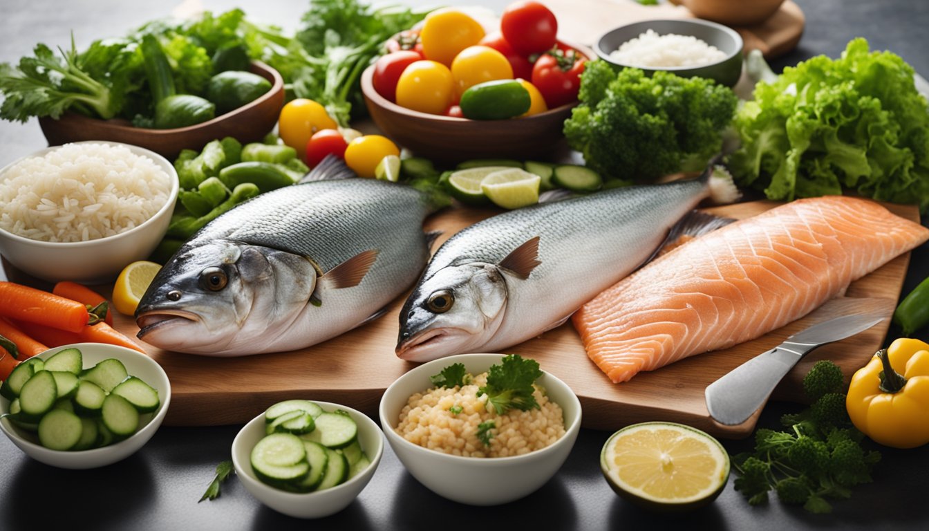 A colorful array of fresh fish, rice, and vibrant vegetables arranged on a clean, modern kitchen counter. Ingredients are neatly labeled with easy-to-read text