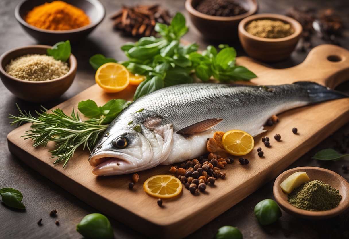 A variety of whole and ground spices, fresh herbs, and a fillet of fish arranged on a cutting board