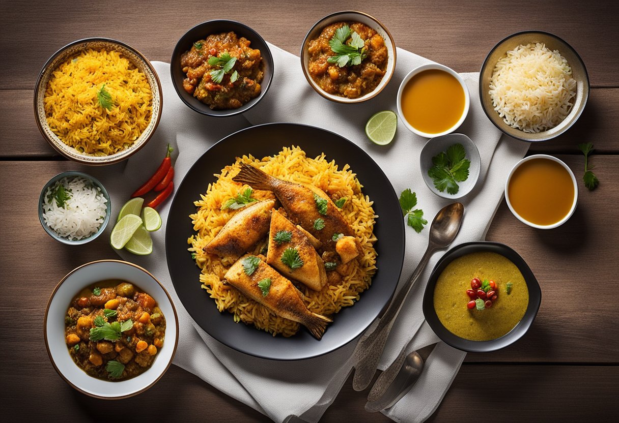 A table set with a plate of fish masala, surrounded by bowls of colorful accompaniments like rice, vegetables, and chutney