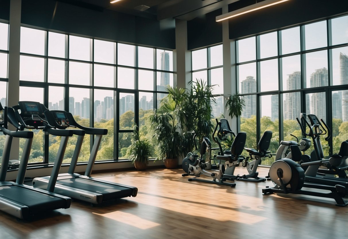 A vibrant gym with diverse equipment and people working out, surrounded by lush greenery and modern cityscape