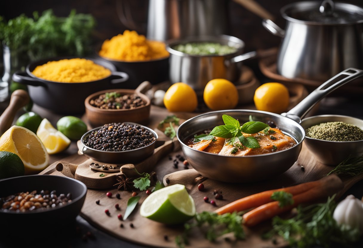 A pot simmering with aromatic spices and fresh fish, surrounded by a variety of colorful ingredients and cooking utensils