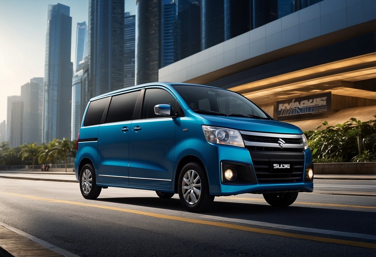 A sleek Suzuki APV parked in a vibrant Singapore cityscape, with promotional banners and exclusive 2024 deals displayed prominently