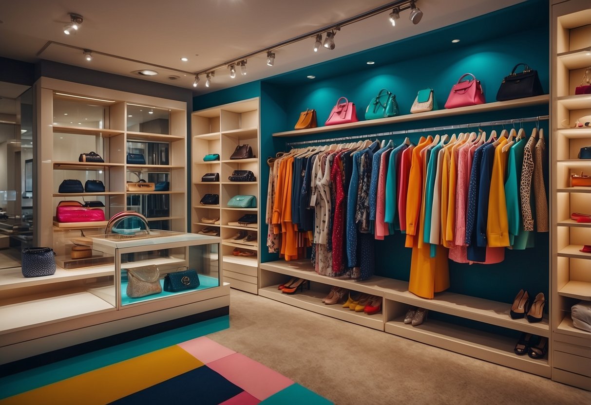 A colorful wardrobe bursting with trendy clothing and accessories, displayed in a chic boutique setting with stylish decor and eye-catching promotional signs