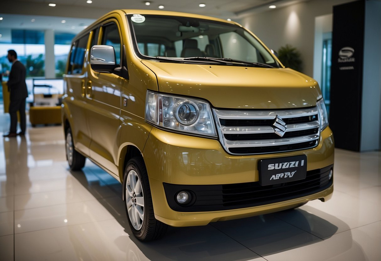 A Suzuki APV sits in a showroom, surrounded by promotional materials for Suzuki Finance and Warranty Services
