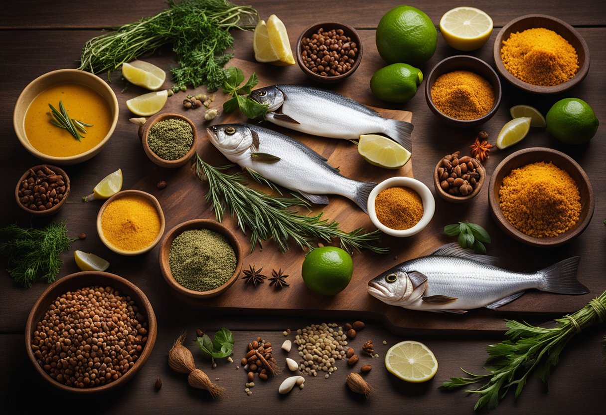 A variety of aromatic spices and herbs are arranged on a wooden cutting board, alongside fresh pieces of fish, ready to be marinated and cooked for a delicious fish masala recipe