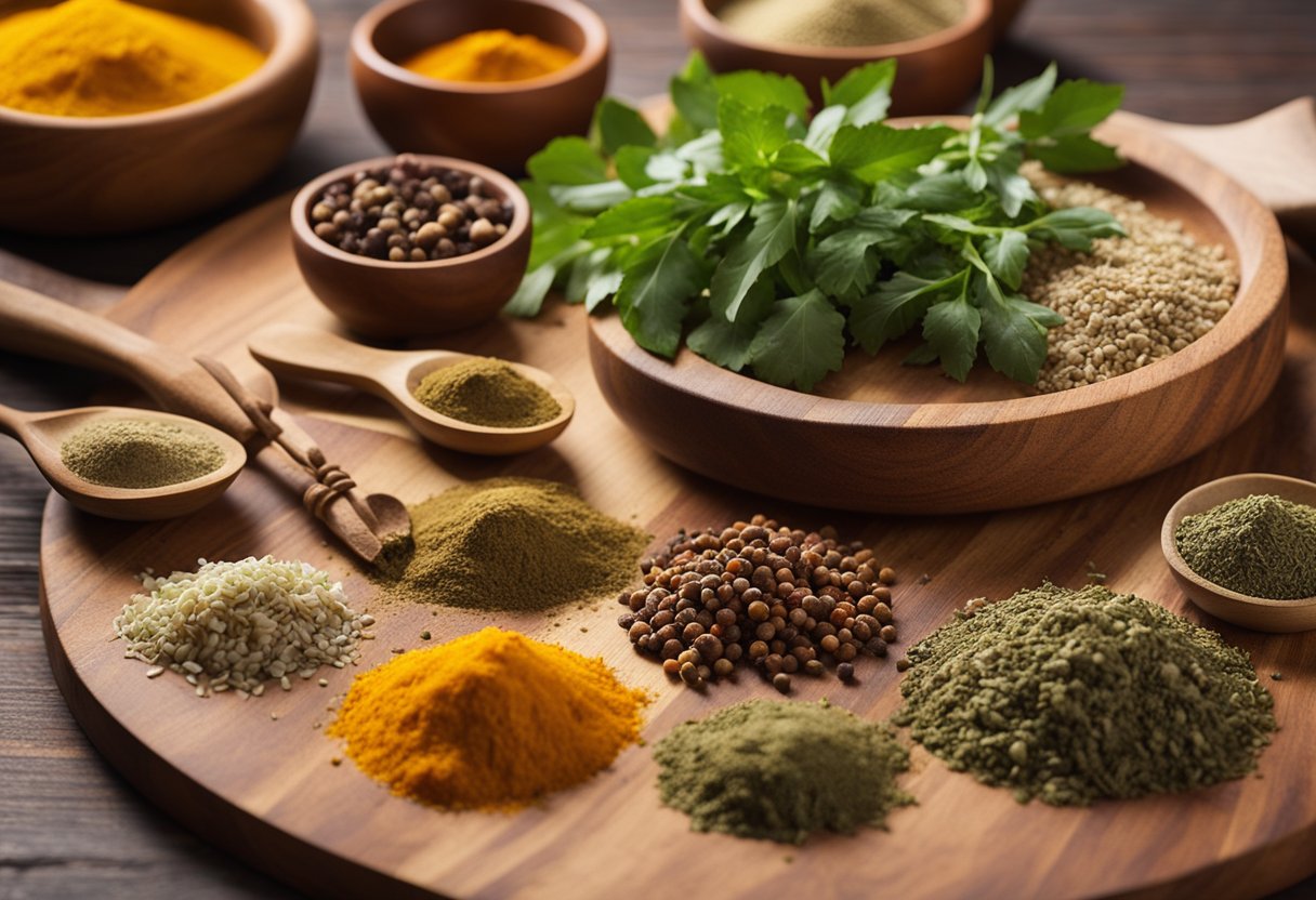 A variety of spices and herbs are laid out on a wooden cutting board, alongside fresh fish fillets. A mortar and pestle are used to grind the spices into a fragrant masala paste