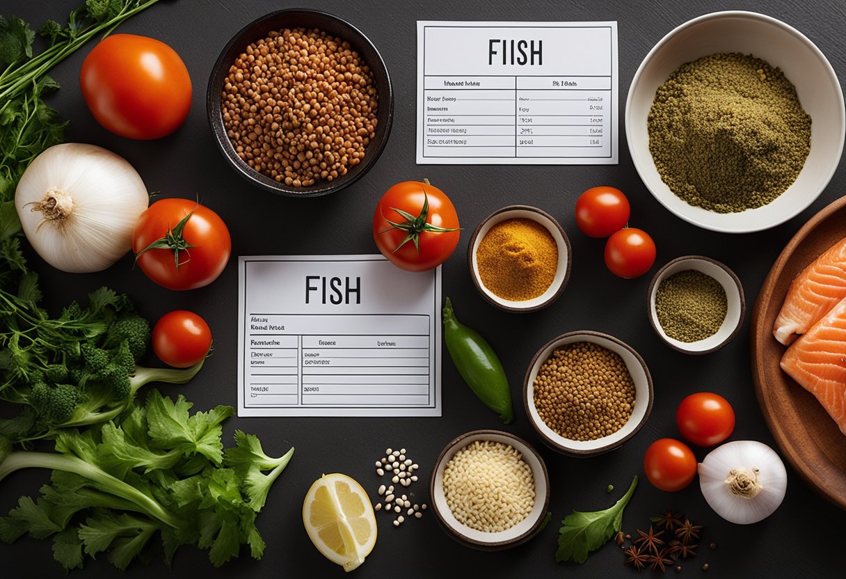 A colorful array of fresh ingredients, including fish, tomatoes, onions, and spices, arranged on a kitchen counter with a recipe card labeled "Fish Masala."