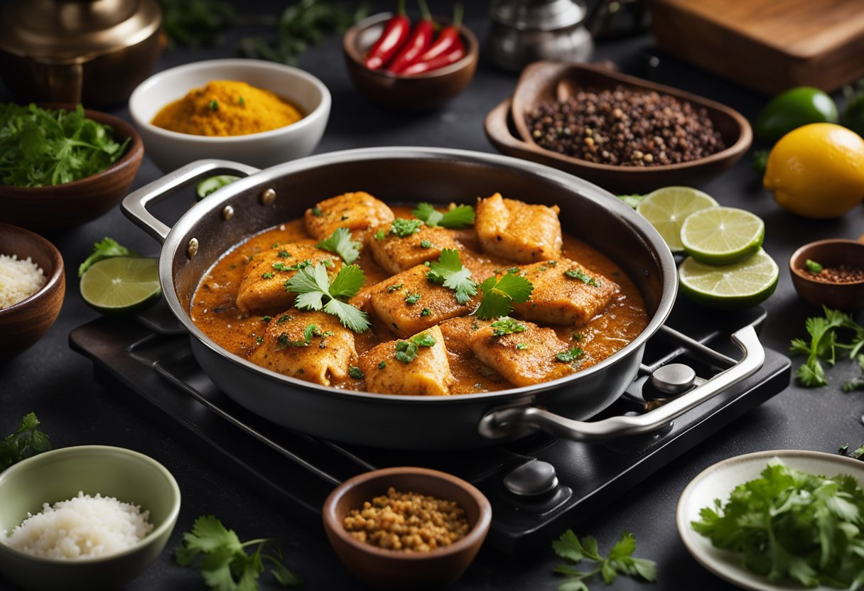 A sizzling pan of fish masala, surrounded by aromatic spices and herbs, steams on a stovetop. A chef's hand sprinkles a final touch of cilantro over the dish