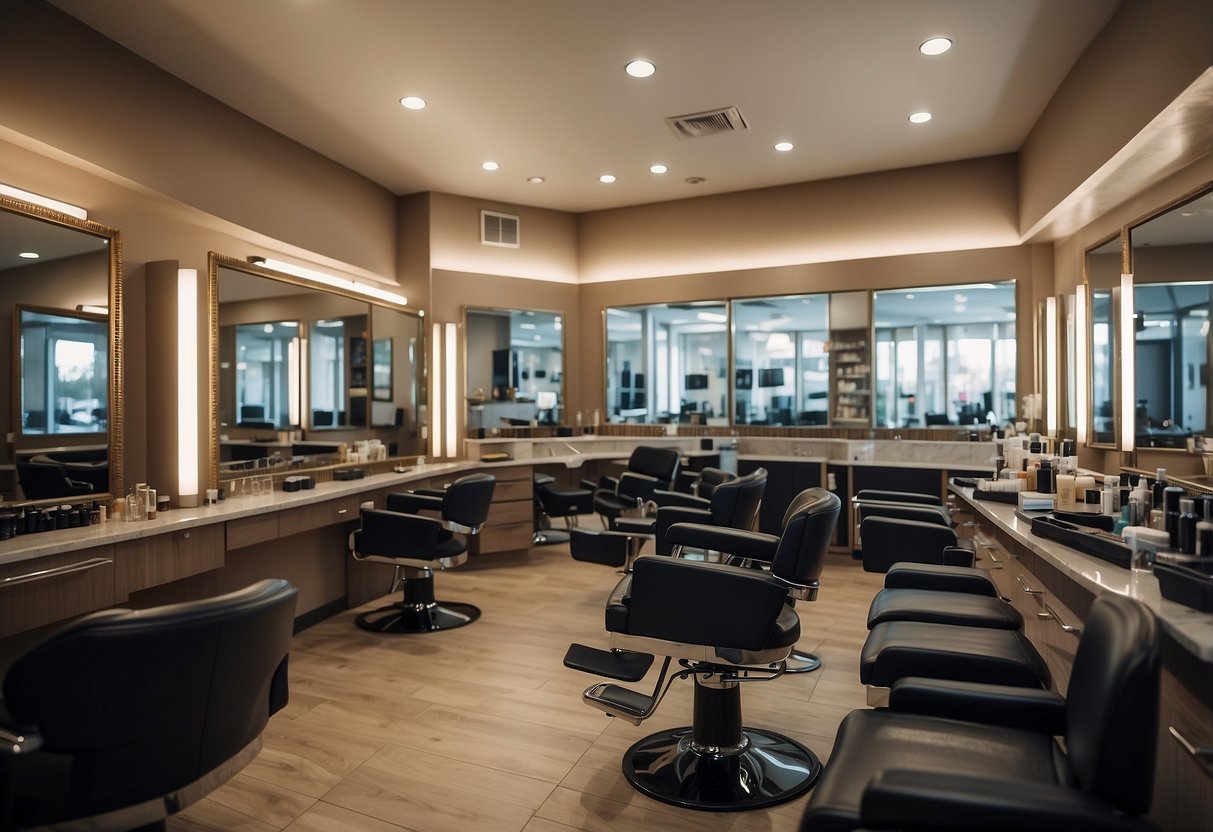 A salon chair with hair treatment products displayed, promotional signs, and a satisfied customer admiring their newly treated hair in a mirror