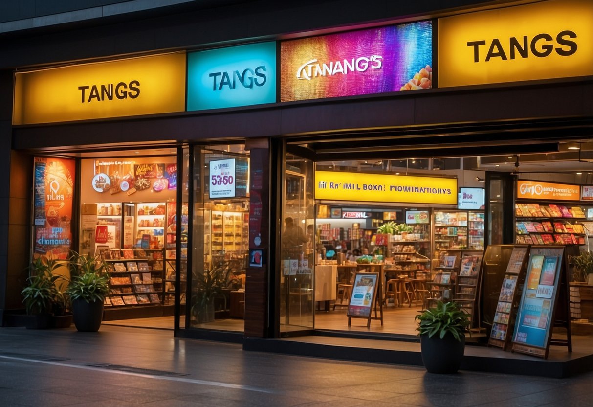Vibrant signage and colorful displays fill the storefront of Tangs Promotions in Singapore. Bright lights and eye-catching graphics draw in passersby