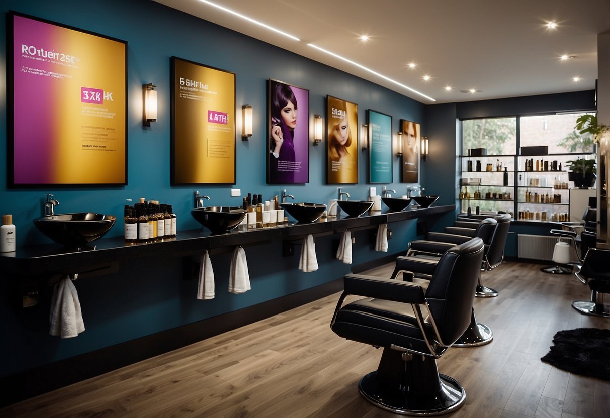 A salon with various hair treatment promotions displayed on colorful posters and banners. Customers browsing products and discussing options with staff