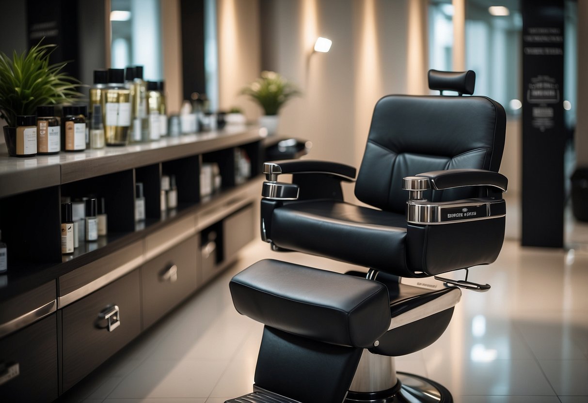 A salon chair with hair products and a promotional sign for hair treatments in Singapore