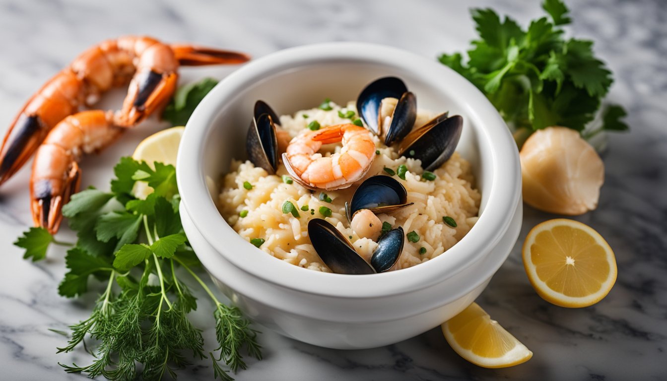 A steaming pot of seafood risotto sits on a marble countertop, surrounded by fresh ingredients like prawns, mussels, and aromatic herbs