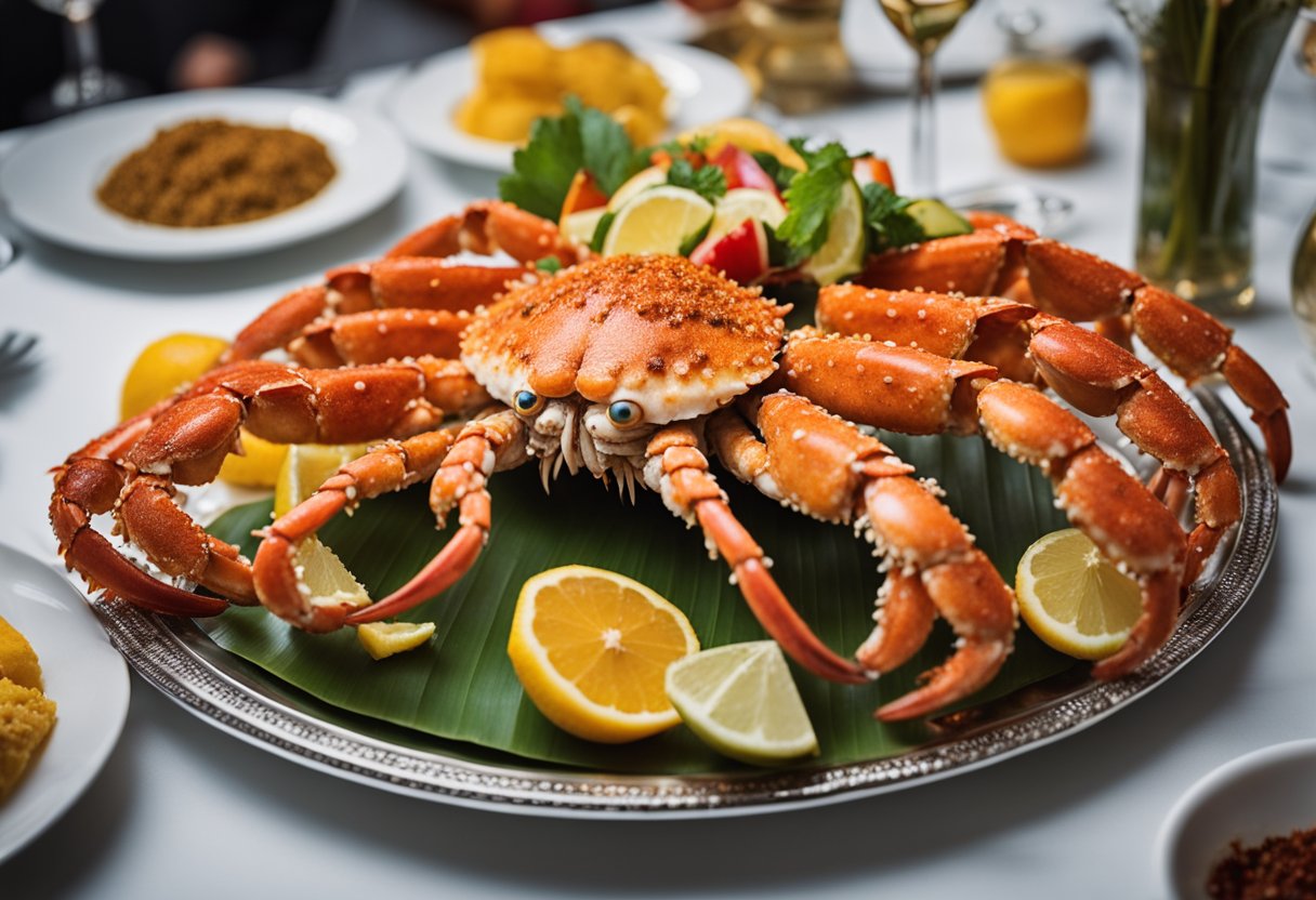 An Alaskan king crab being served on a platter in a Singaporean restaurant, surrounded by vibrant spices and exotic fruits