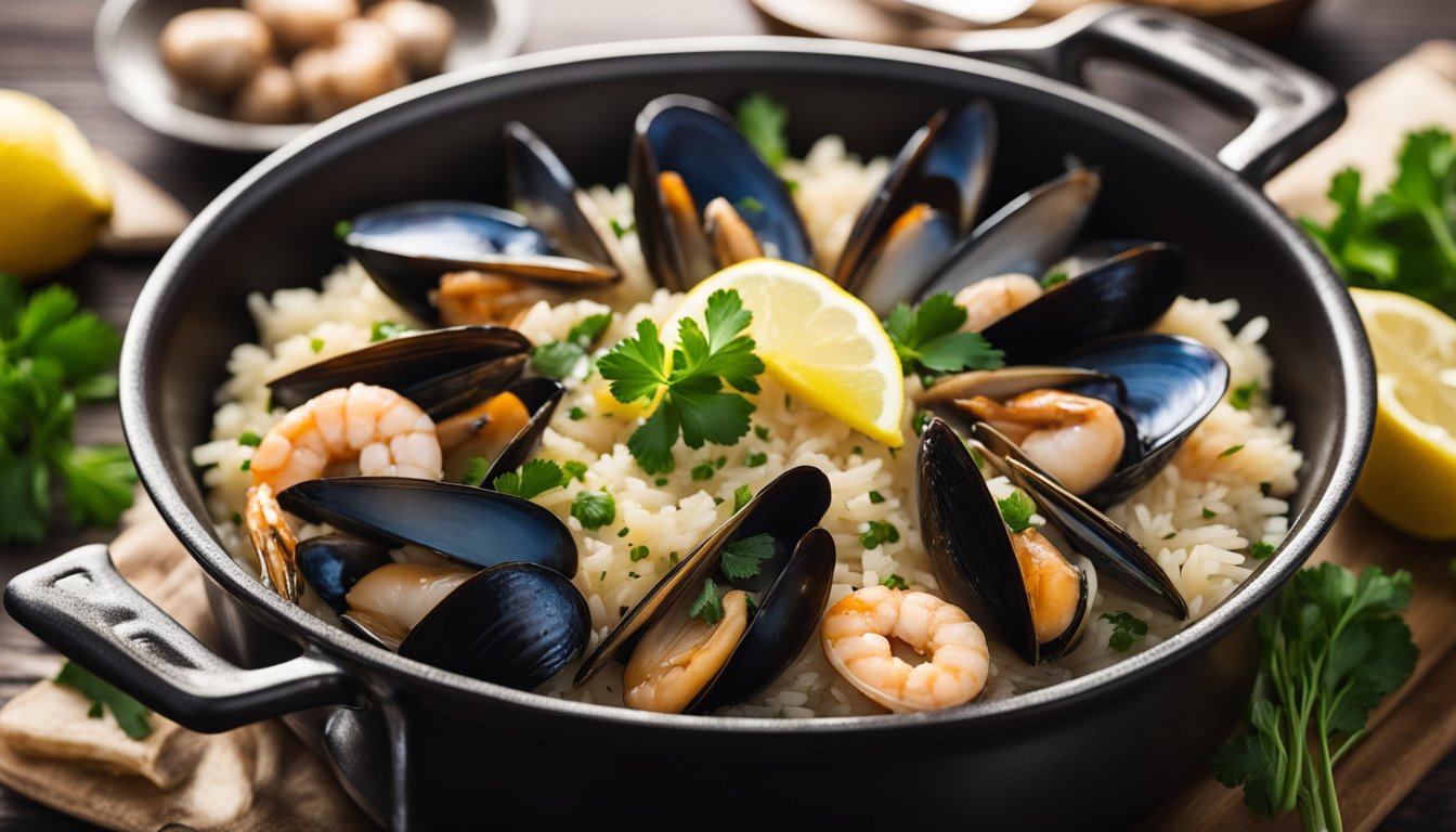 A pot simmering with arborio rice, seafood broth, shrimp, mussels, and clams. Lemon wedges, parsley, and grated parmesan on the side