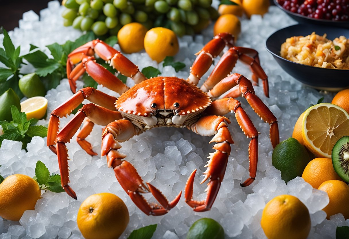 A giant Alaskan King Crab rests on a bed of ice, surrounded by exotic fruits and spices, in a bustling Singaporean market
