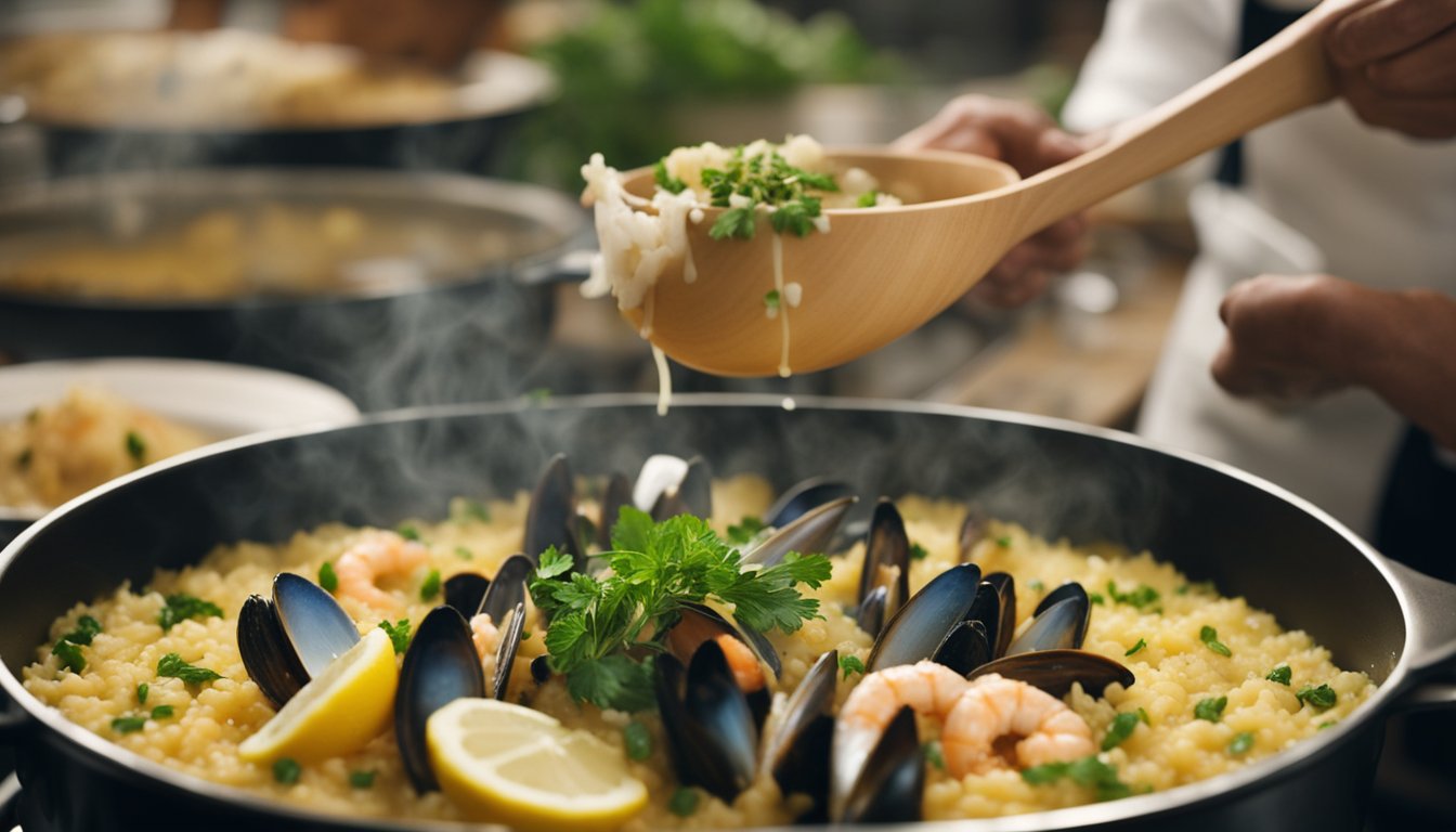 A pot simmers with seafood risotto. A chef stirs in broth, adding shrimp and mussels. Lemon zest and fresh herbs garnish the dish