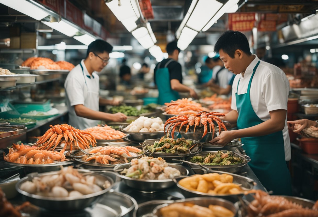 The bustling seafood market showcases Alaskan king crab and exotic Singaporean flavors, with colorful stalls and eager customers