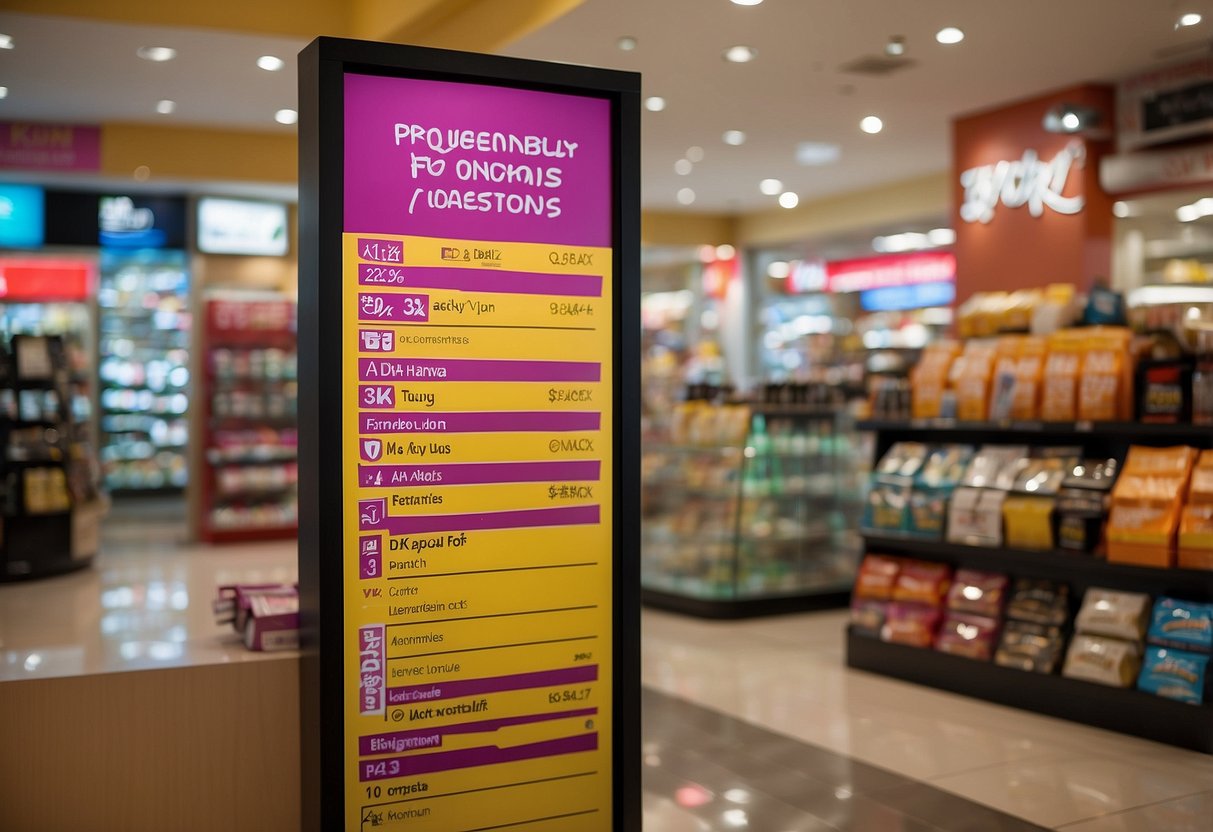 A colorful display of promotional items with "Frequently Asked Questions" signage at a Singaporean store