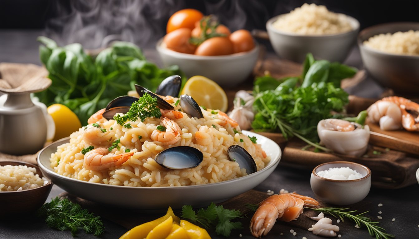 A steaming pot of seafood risotto surrounded by colorful ingredients and a stack of FAQ cards
