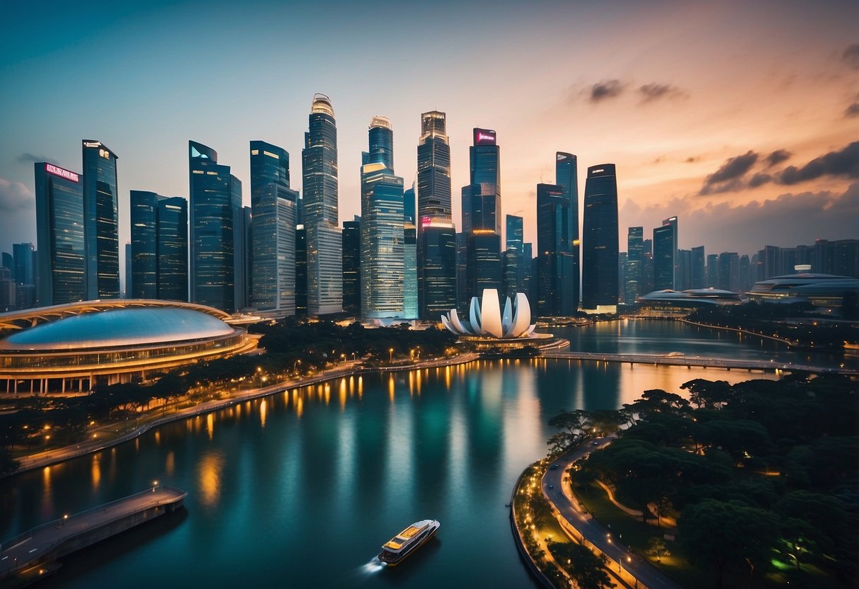 A vibrant cityscape with iconic landmarks, bustling streets, and modern skyscrapers showcasing the energy and excitement of Telegram promotions in Singapore