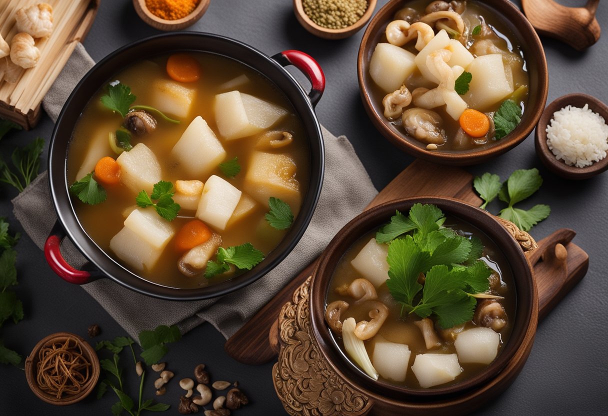A pot of simmering fish maw soup with fragrant herbs and spices, surrounded by traditional Singaporean ingredients like dried scallops and mushrooms