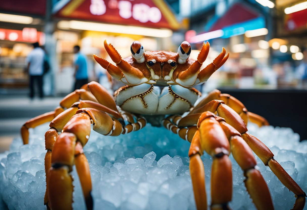 A large Alaskan king crab sits on a bed of ice, surrounded by bright red and yellow signage reading "Frequently Asked Questions" in a bustling Singapore market
