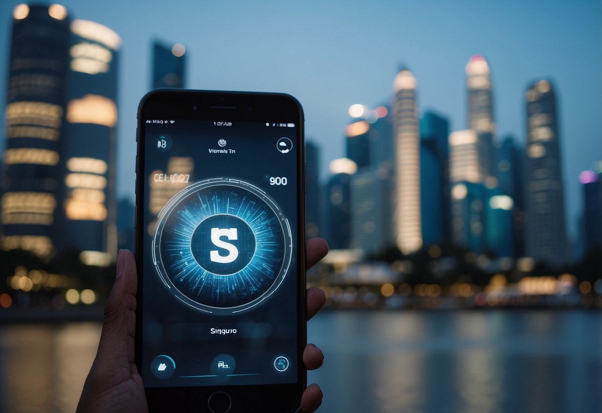 A sleek, modern telegram logo displayed on a digital screen with Singapore city skyline in the background