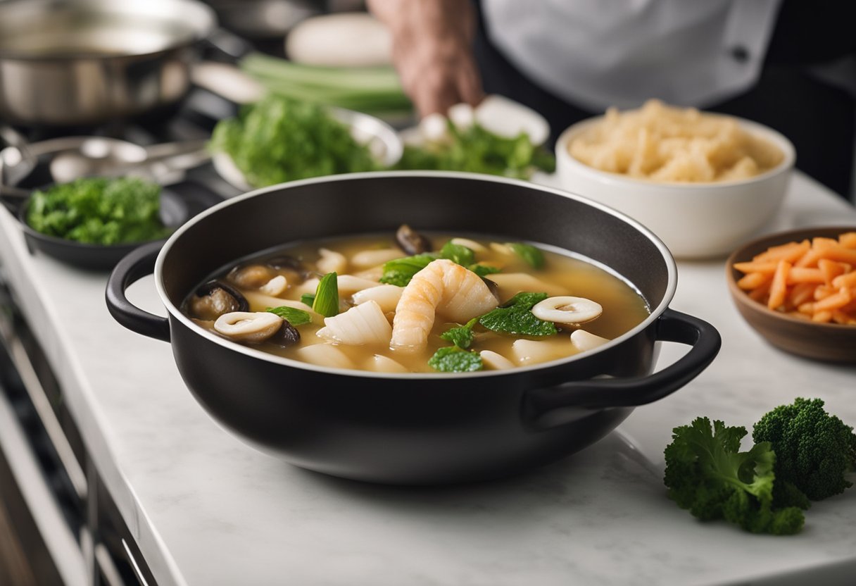 A pot simmers with fish maw, mushrooms, and vegetables in a savory broth. A chef stirs the ingredients, infusing the soup with rich, aromatic flavors