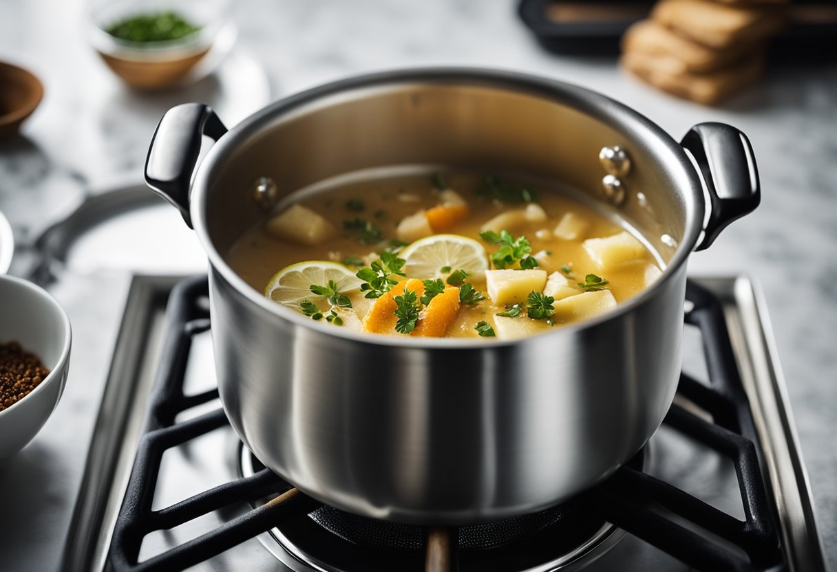 A pot simmers on a stove. Fish, coconut milk, and spices are being added. A fragrant steam rises, filling the kitchen