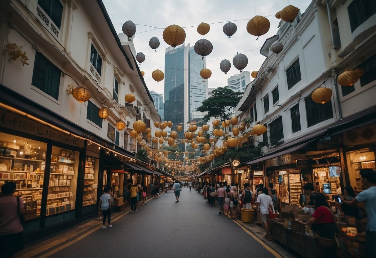 A bustling street in Singapore adorned with Harry Potter themed decorations and promotional displays
