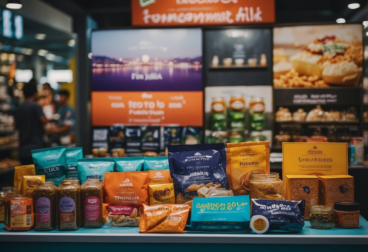 Vibrant lifestyle products arranged in an eye-catching display with promotional banners and signs, attracting attention in a bustling Singapore market