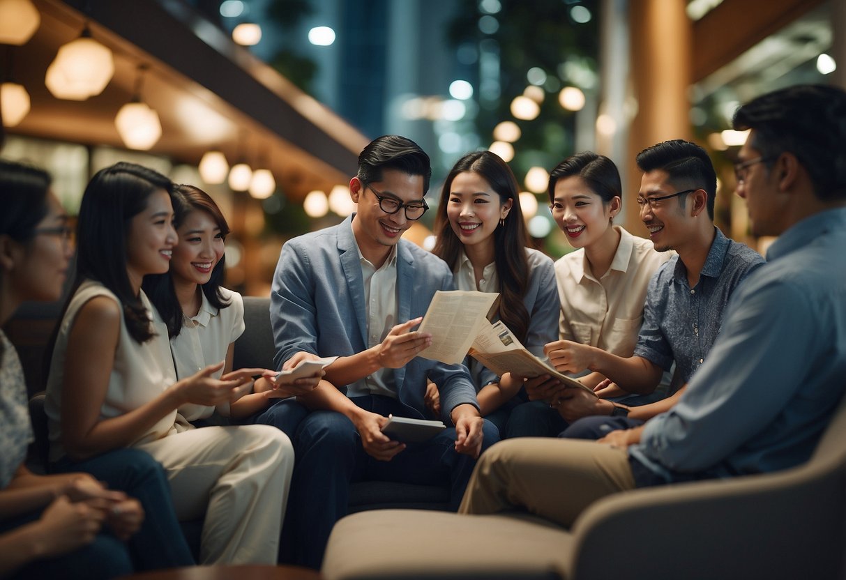 A group of people in Singapore eagerly reading and discussing a "Frequently Asked Questions" telegram promotion