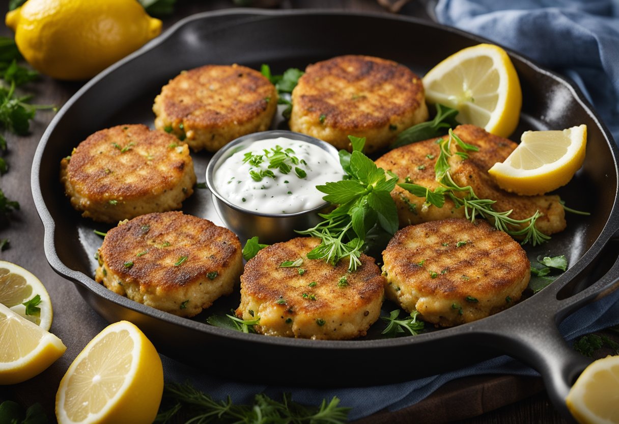 A sizzling pan with golden-brown fish patties, surrounded by colorful herbs and spices, with a side of fresh lemon wedges and a dollop of tangy tartar sauce