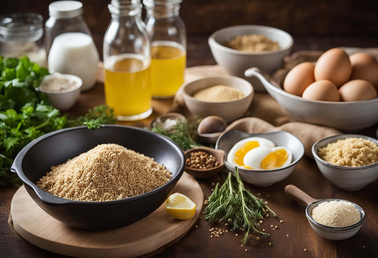 Ingredients laid out on a clean, organized kitchen counter: fresh fish fillets, breadcrumbs, eggs, herbs, and spices. Mixing bowl and utensils ready for use