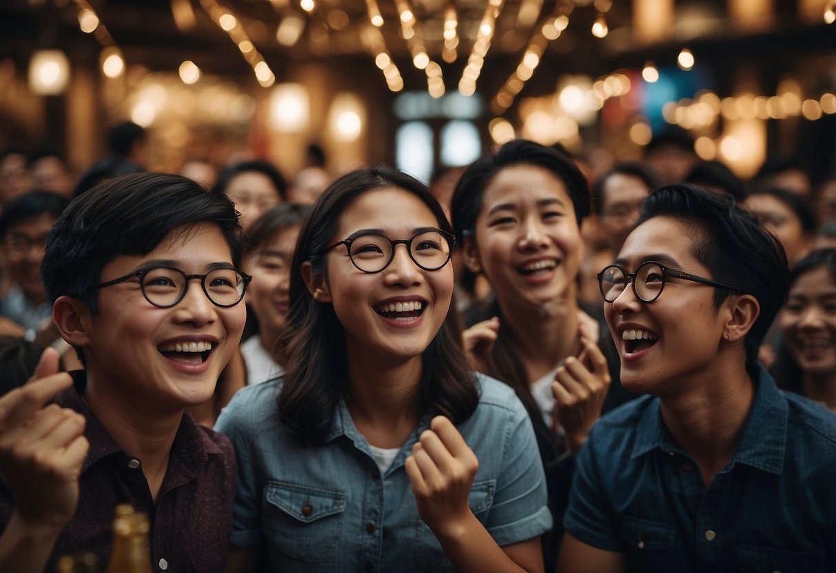 A group of people eagerly engage with magical displays and activities at a Harry Potter promotion in Singapore. Laughter and excitement fill the air as attendees immerse themselves in the interactive experience