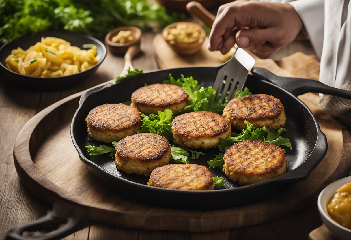 A sizzling skillet holds golden-brown fish patties. A hand reaches for a spatula to flip them over. Another hand prepares a platter with fresh greens