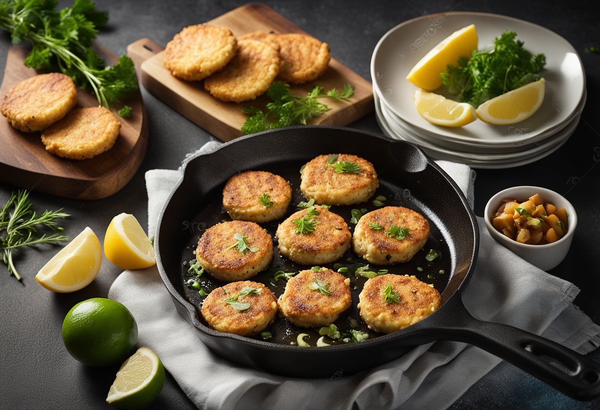 A sizzling skillet with golden-brown fish patties, surrounded by fresh ingredients and a recipe book labeled "Frequently Asked Questions fish patties recipe."