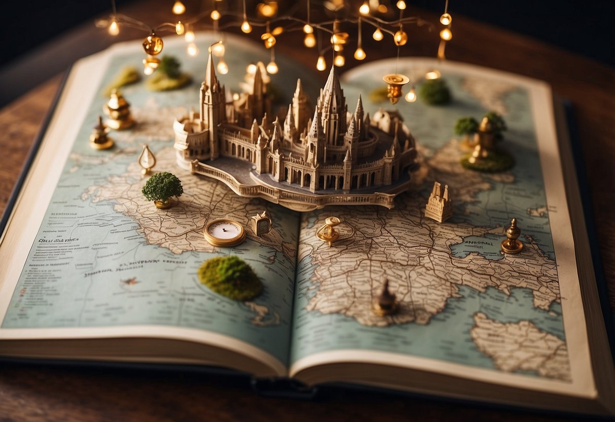 A magical book floating above a map of Singapore, surrounded by swirling question marks and Harry Potter themed symbols