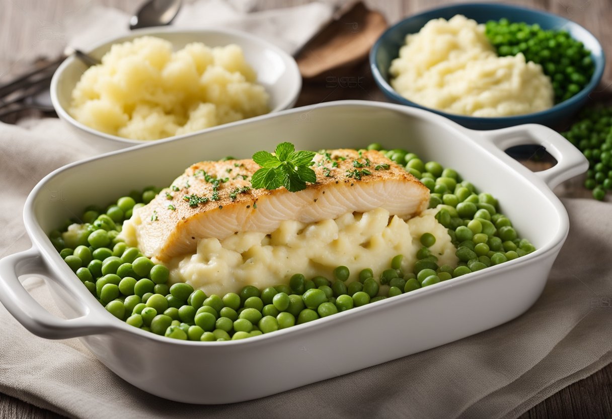 A table with ingredients: fish, potatoes, cream, and peas. A baking dish filled with a creamy fish mixture topped with mashed potatoes