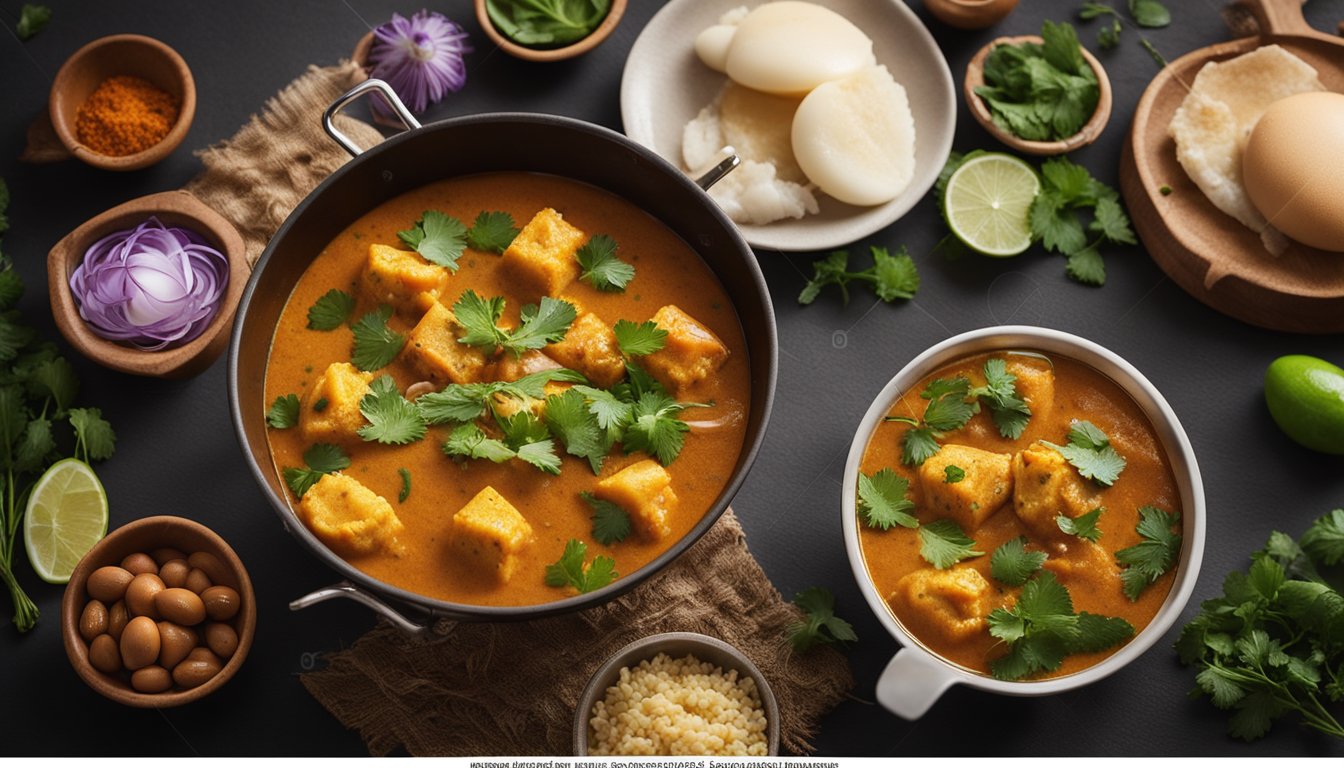A simmering pot of egg and fish curry, with vibrant spices and herbs, surrounded by a variety of colorful ingredients and cooking utensils