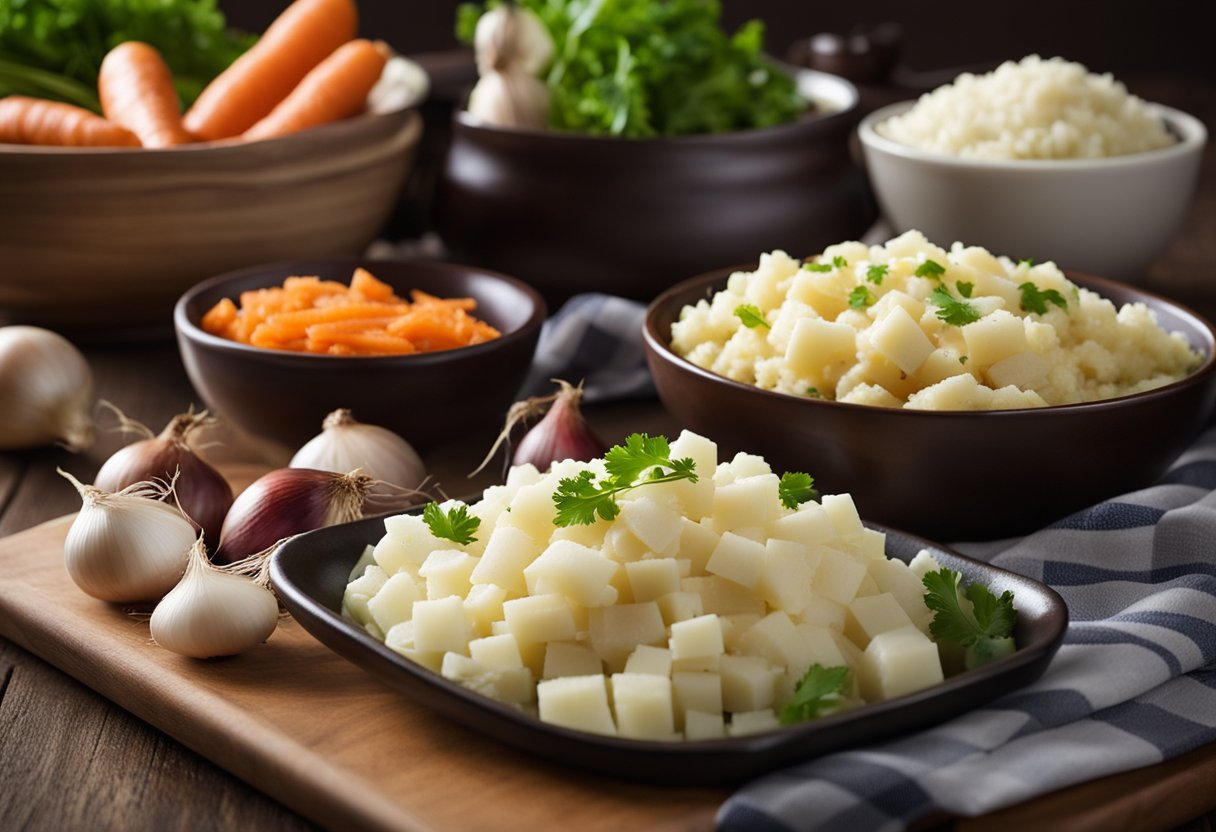 A cutting board with diced onions, carrots, and celery. A bowl of fresh fish fillets, a pot of mashed potatoes, and a dish of butter and flour