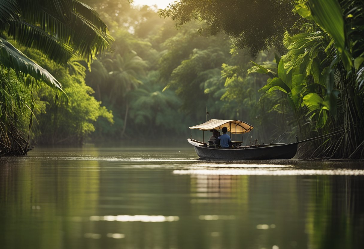 A small boat glides through the winding waterways of the Mekong Delta, surrounded by lush greenery and vibrant wildlife. An elephant fish leaps out of the water, its scales glistening in the sunlight