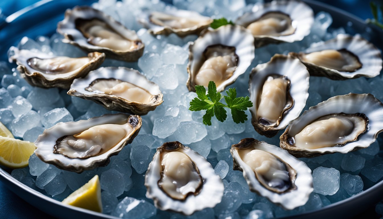 An open package of Aldi oysters sits on a bed of ice, with droplets of water glistening on their shells